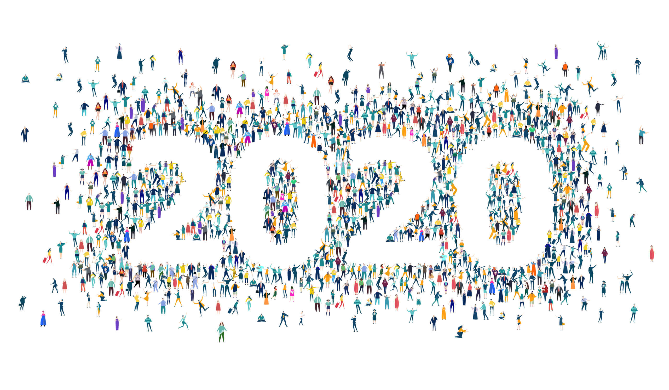 New Year 2020 concept illustration. 2020 made of many little people in business and casual clothes. Living, working and celebrating together.