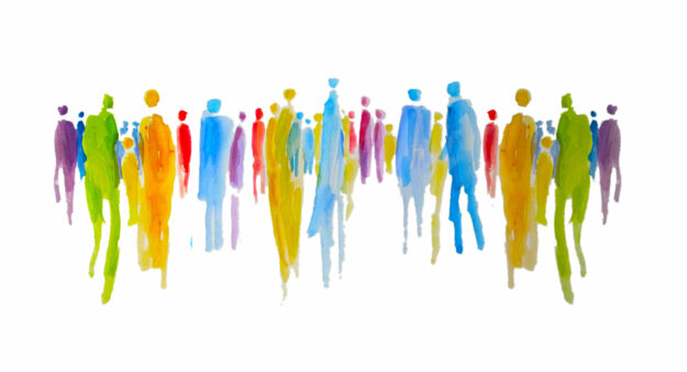 Silhouette von vielen bunten Menschen in einer Gruppe, Menschengruppe