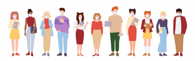 Coronavirus Covid 19, people student in white medical face mask flat cartoon. Concept of coronavirus quarantine. International men woman in facemask. Stop pandemic. Vector illustration