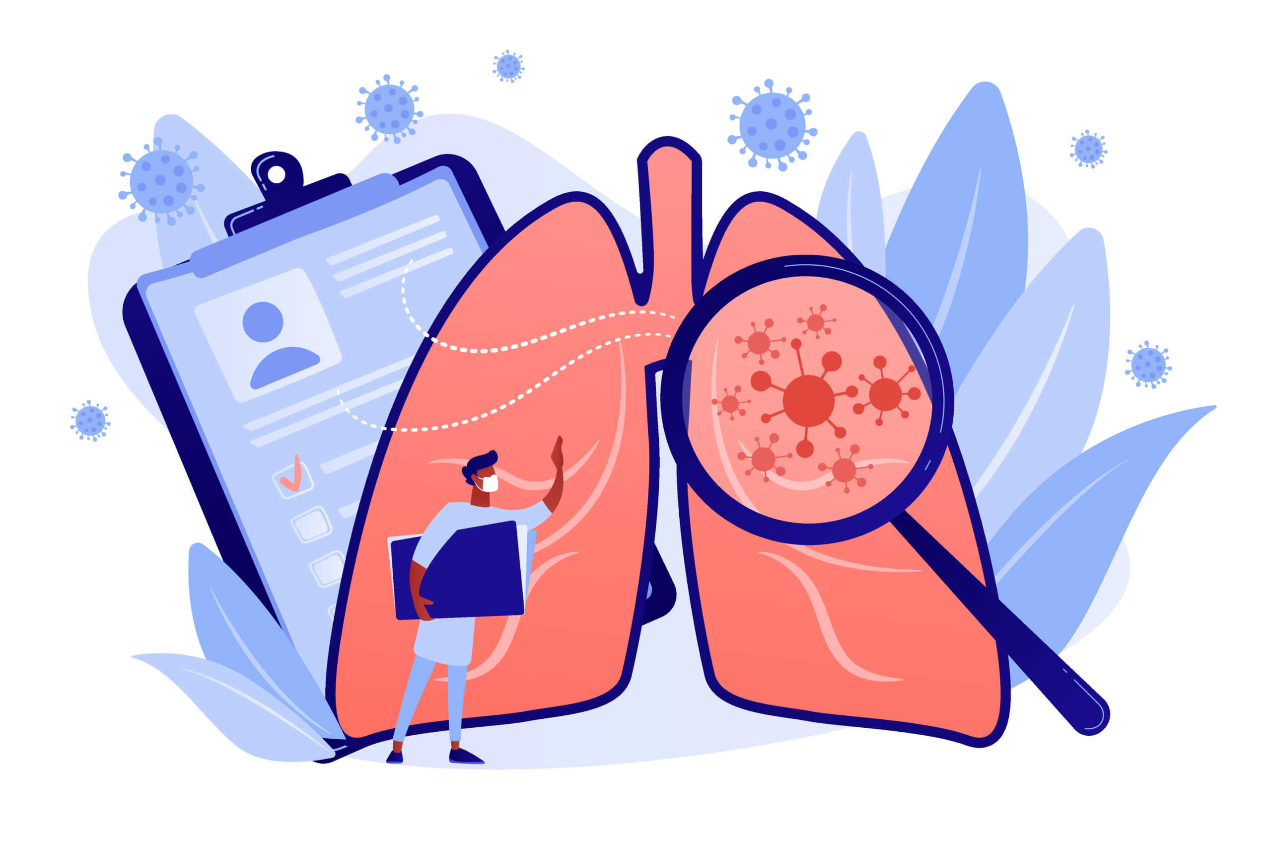 Covid-2019 symptoms, damaged lungs, fever, positive pcr test . Cough, shortness of breath, lungs ventilation, death toll, healthcare system collapse concept. Coral blue vector isolated illustration