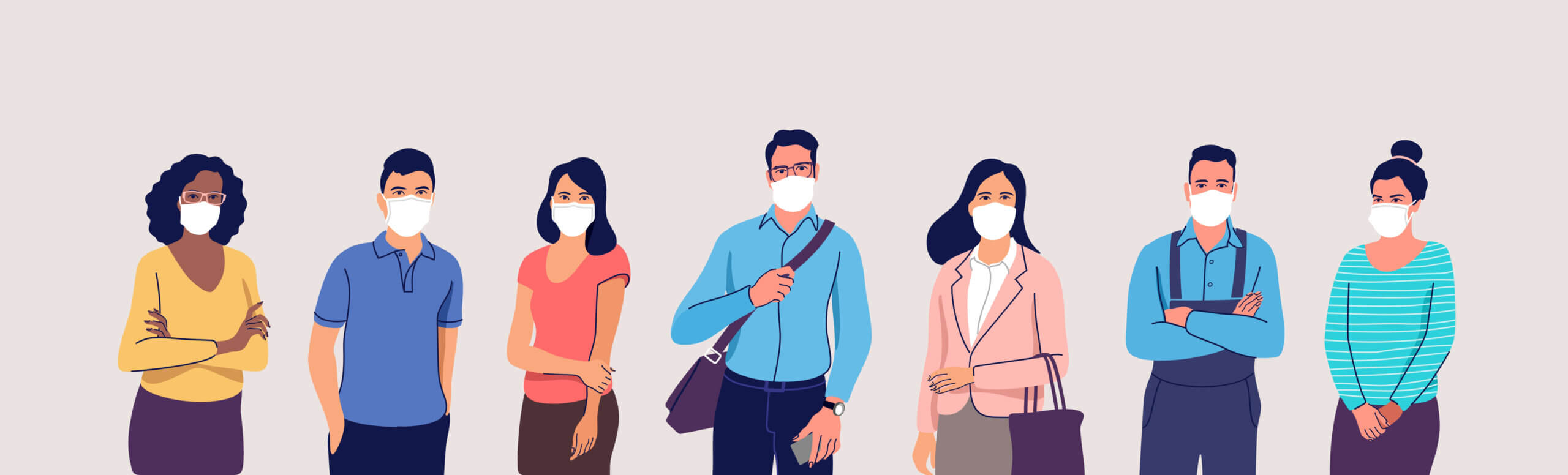 People in protective medical face masks. Man and women wearing protection from virus, urban air pollution, smog, vapor, pollutant gas emission. Vector illustration.