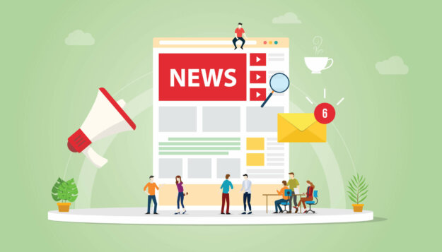 news update concept with team people and website page design and notifications updates symbol icon with modern flat style – vector